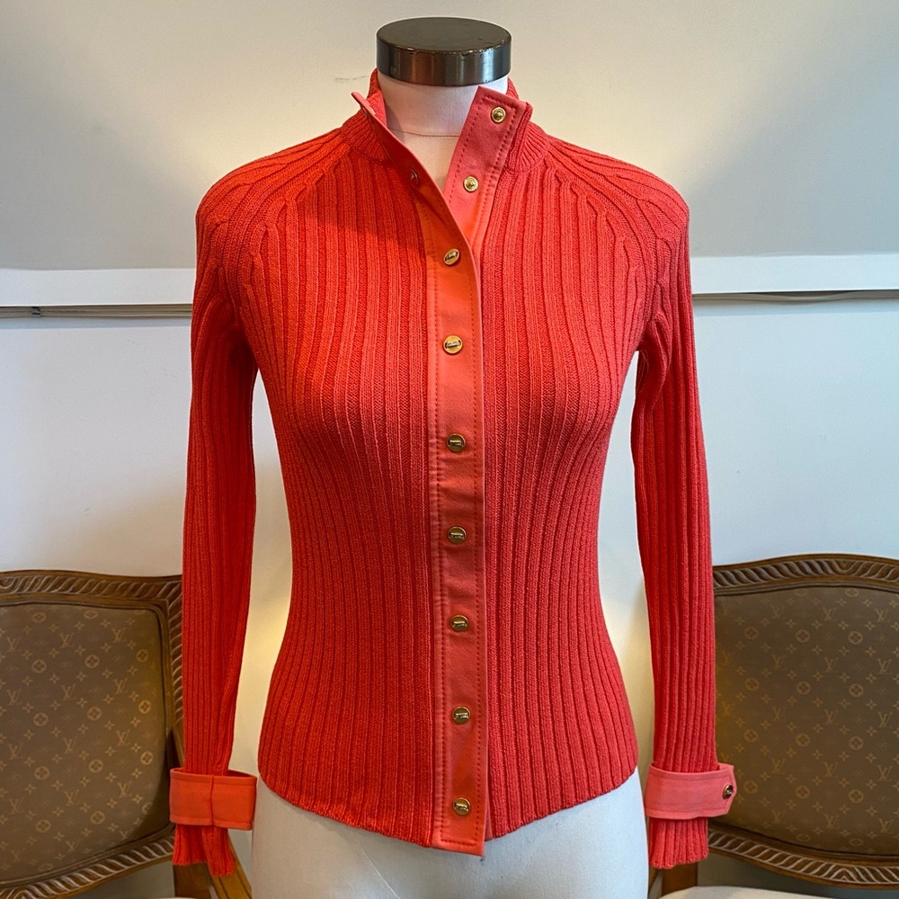 Vintage St. John Coral Knit Ribbed Button-Up Cardigan Sweater Jacket, Size Small